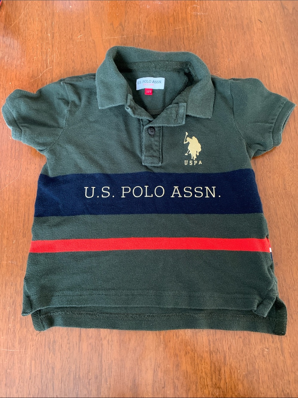 🍊5/$25 U.S. Polo Assn. Green Polo with Navy Band and Red Stripe